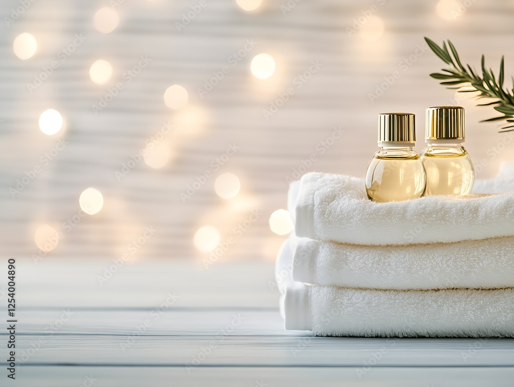 Poster serene spa setting with glass bottles of essential oil on soft white towels and festive lights : gen