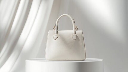 Elegant white handbag displayed on a clean pedestal against soft draped fabric background for fashion photography : Generative AI