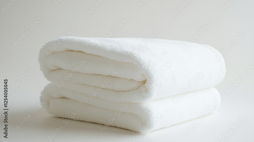 Poster Freshly folded soft white towels stacked neatly on a pristine light background ideal for a spa or bathroom setting : Generative AI
