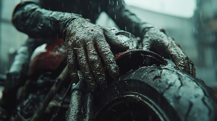 Rain-soaked motorcycle rider in urban setting during a stormy weather scenario