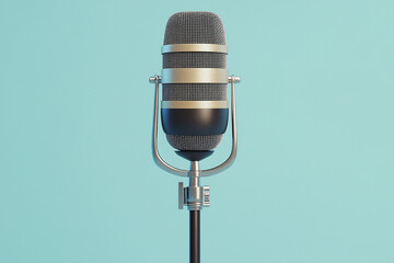 Vintage Microphone on Stand: A classic microphone on a stand, with a retro design, against a bright blue backdrop, capturing the essence of classic broadcasting and vintage audio recording.