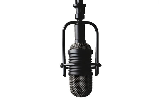 Studio Microphone Close-up: A sleek, black microphone hangs poised, ready to capture sound.  Its detailed design and matte finish exude professionalism and high-quality audio.