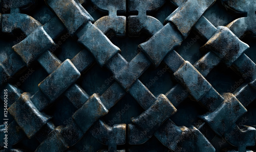 Poster intricate interlocking metallic pattern with woven texture and dark moody tones