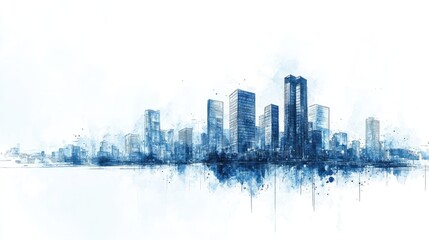 Fototapeta premium A watercolor skyline illustration in blue tones depicting a modern cityscape.