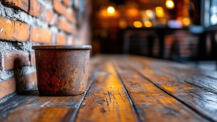 Rusty pot on wooden floor in rustic, cozy cafe
