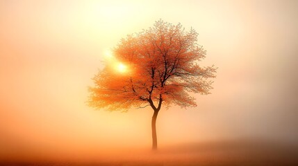 A tree without leaves in the middle of an open field, with sun shining through branches
