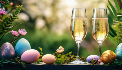 two glasses of champagne with easter eggs and vegetation within the background