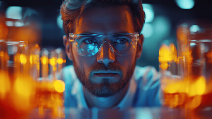 Scientist conducting research in a laboratory with vibrant liquid samples under illumination