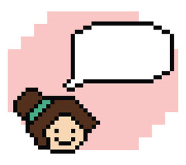 Obraz premium Cartoon pixel cute cartoon character face woman with chat blank decoration 8 bit female girl say speak discuss idea chat box cartoon pixel game 8bit png vector.