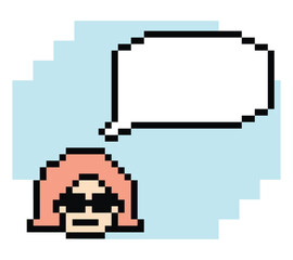 Obraz premium Cartoon pixel cute cartoon character face woman with chat blank decoration 8 bit female girl say speak discuss idea chat box cartoon pixel game 8bit png vector.