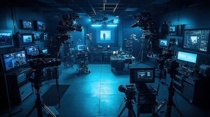 Studio Setup, Video Production, Blue Lighting, Control Room, Filmmaking