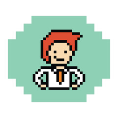 Obraz premium Cartoon cute pixel cartoon 8bit character business man businessman smart work game for decoration business 8 bit male career smart character game 8bit png vector.