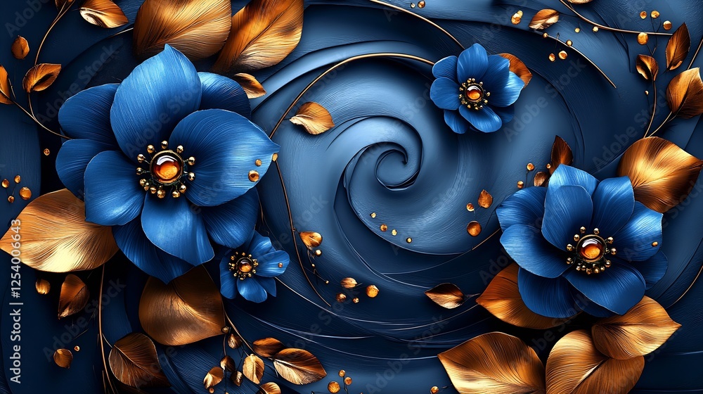 Poster stylish blue flower pattern with gold leaves and a mesmerizing spiral backdrop : generative ai