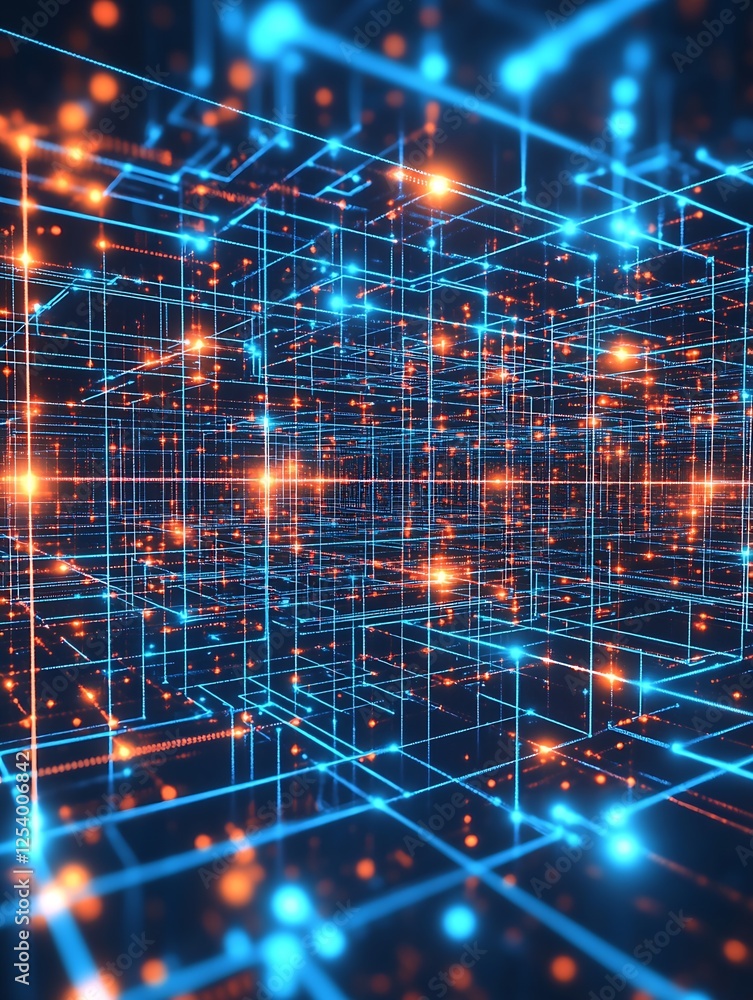 Poster Vibrant abstract representation of a futuristic grid with glowing elements in a tech setting : Generative AI