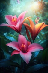 Obraz premium Vibrant lilies in pink and orange bloom in a lush green environment, illuminated by soft natural light, Ideal for nature-themed projects, floral arrangements, or wellness and relaxation settings,