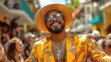 Obraz premium Man in vibrant floral suit enjoys outdoor festival in colorful street during daytime celebration filled with people