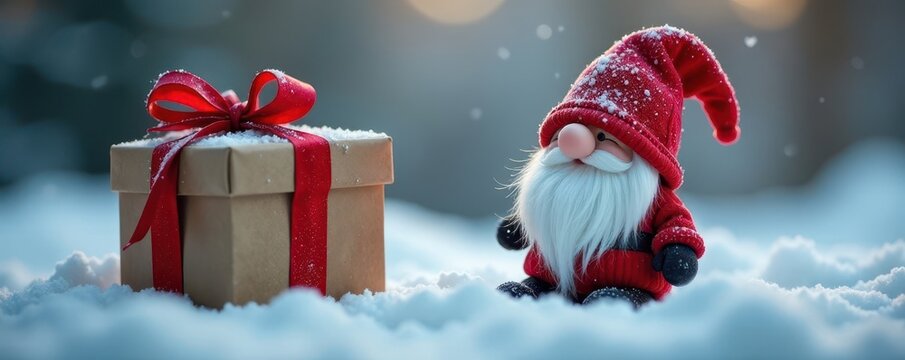 A tiny gnome beside a large Christmas gift, snowy scene , winter, miniature, mythical