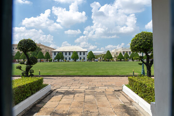 A Beautiful Scenic View of a Summer Green Lawn Surrounded by Elegant Architecture and Nature, Bangkok, Thailand