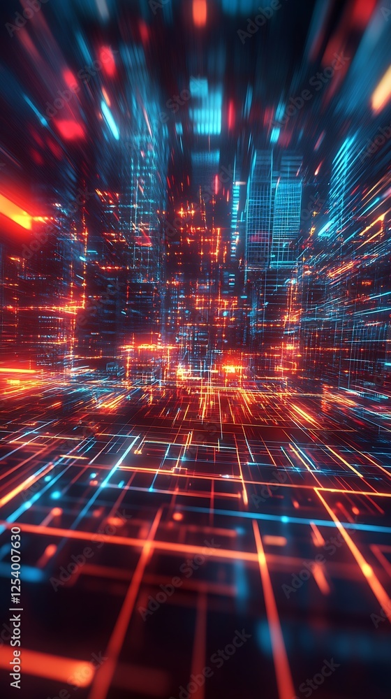 Poster high-tech visualization of a modern city with dynamic neon lights creating an immersive experience :