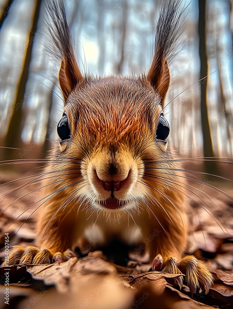 Poster engaging close up shot of a squirrel staring directly at the camera with leaves in background : gene