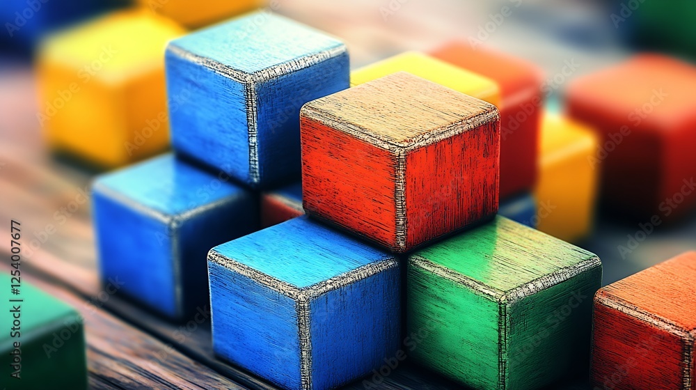 Poster Vivid and colorful wooden building blocks inviting playful creativity and exploration in a child’s play area : Generative AI