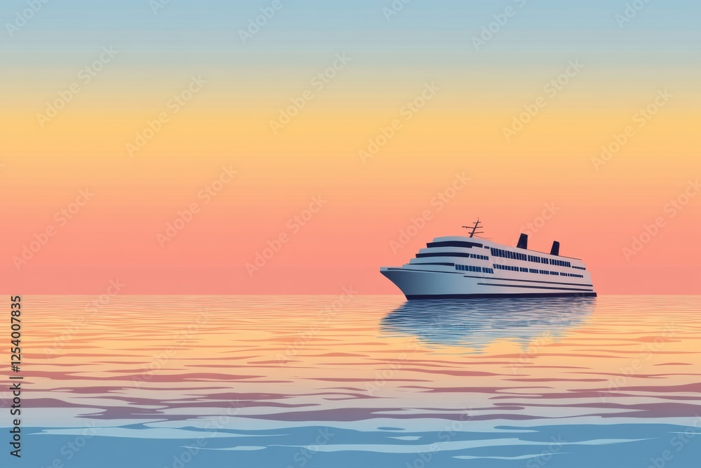 Poster Cruise ship gliding through calm waters at sunset with vibrant sky reflected on the ocean surface. Generative AI