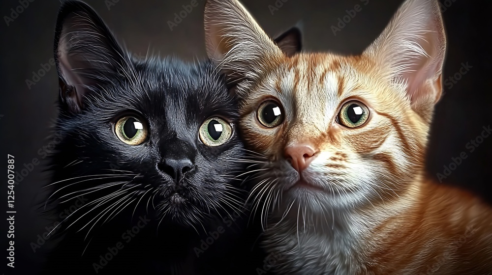 Poster adorable close up of a black cat and an orange kitten with striking eyes on a dark background : gene