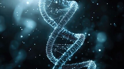 Obraz premium A 3D representation of a DNA double helix with a glowing, abstract background.
