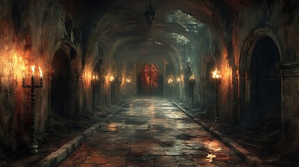 Obraz premium Underground passage lined with torches leading to a demonic gate