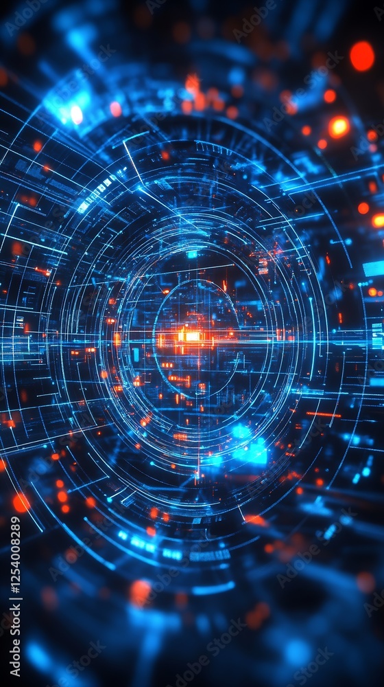 Poster futuristic digital backdrop with vibrant blue and orange lights creating a mesmerizing circular patt