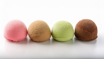 Obraz premium 4 flavors of mochi ice cream isolated on a white heritage chocolate caramel matcha tea and strawberry