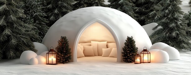 Cozy Igloos Under the Northern Lights by Romantic Getaways in Cozy Ice Domes as Cozy igloo in a snowy landscape with warm lights.