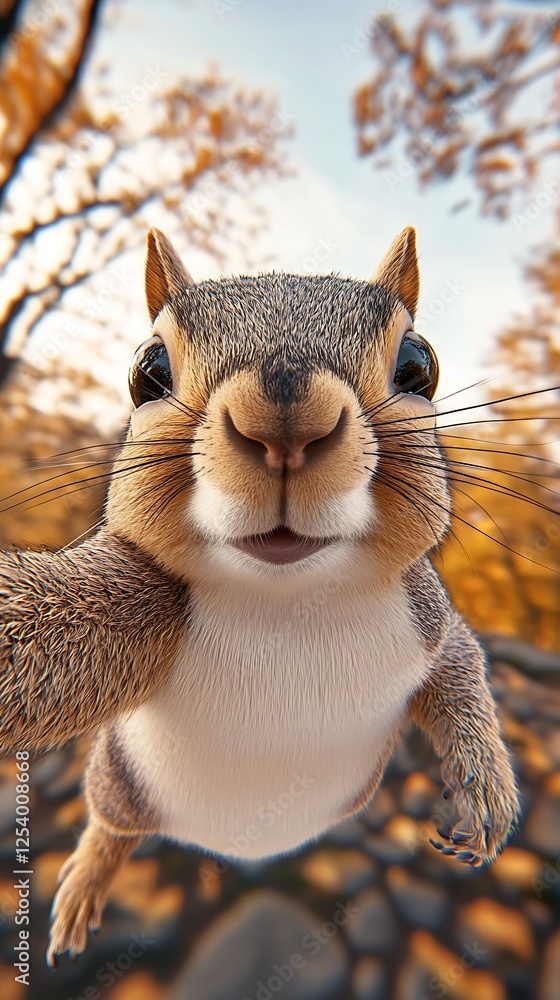 Poster Happy and playful squirrel extending its paws towards the camera in a beautiful autumn setting full of colors : Generative AI
