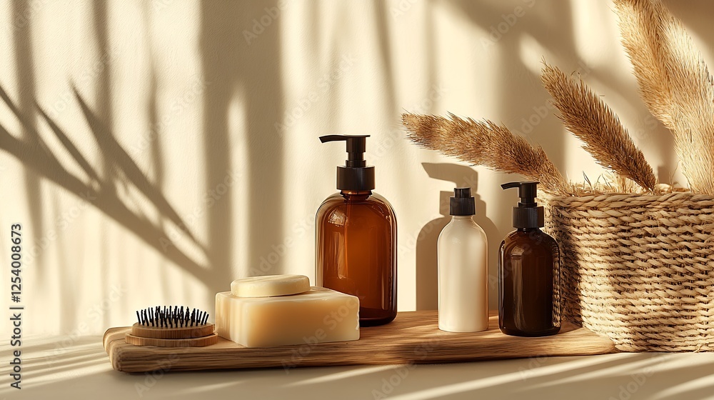 Aufkleber Elegant presentation of assorted cosmetic bottles and handmade soap on wooden tray with decorative elements and soft light : Generative AI