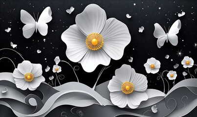 Beautiful paper cut style flowers and butterflies on a dark starry background for digital art lovers : Generative AI