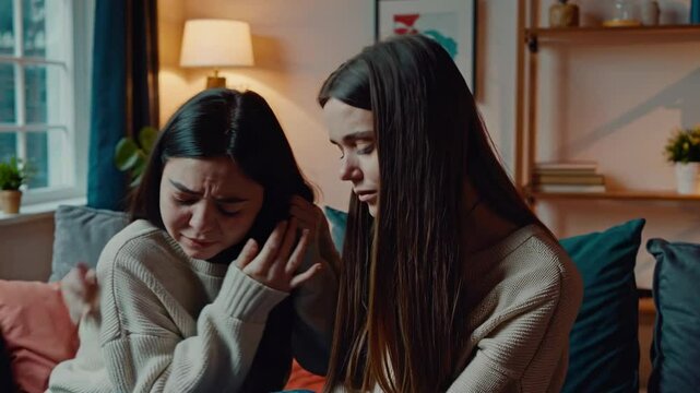 Comforting a Sad Friend at Home, Emotional Support and Friendship Concept
