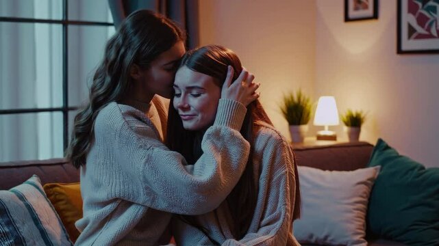 Comforting a Sad Friend at Home, Emotional Support and Friendship Concept