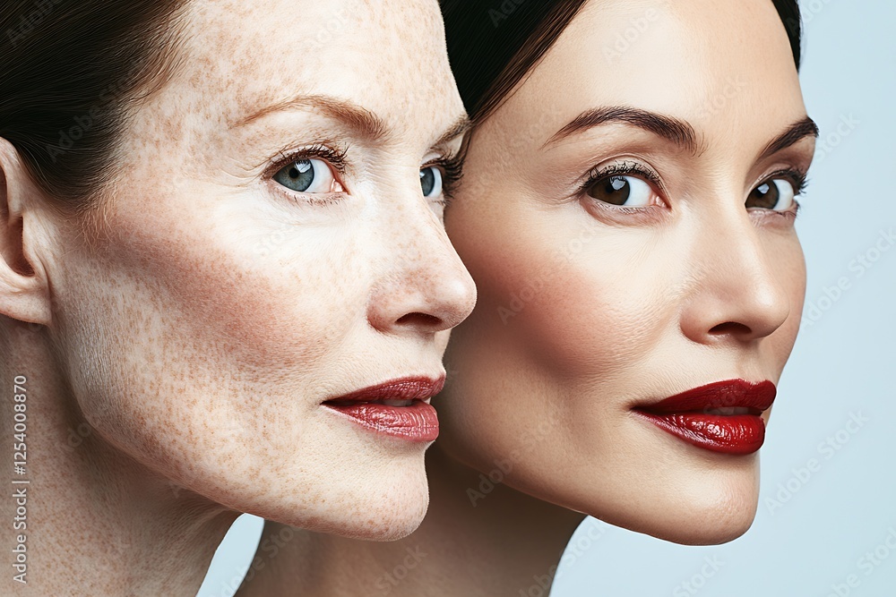 Poster intimate close-up of two women showcasing different skin tones and textures in a harmonious and arti