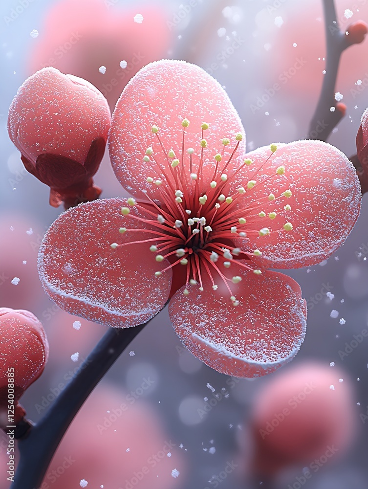 Aufkleber beautiful pink blossom covered in frost against a dreamy background creating an enchanting winter sc
