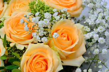 Bouquet of fresh roses with white gypsophila flowers