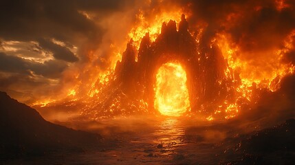 Jagged rock formation split open revealing a fiery underworld entrance