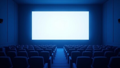 Blue cinema hall with white blank screen and empty seats. Concept of movie theater, entertainment