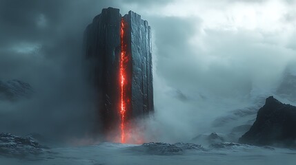 Towering ancient monolith with a red crack glowing in its center