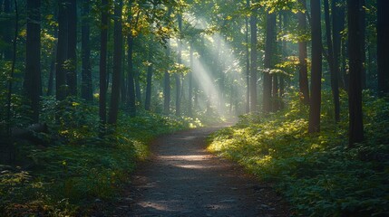 Fototapeta premium Sunbeams illuminate forest path; tranquil nature scene, perfect for relaxation