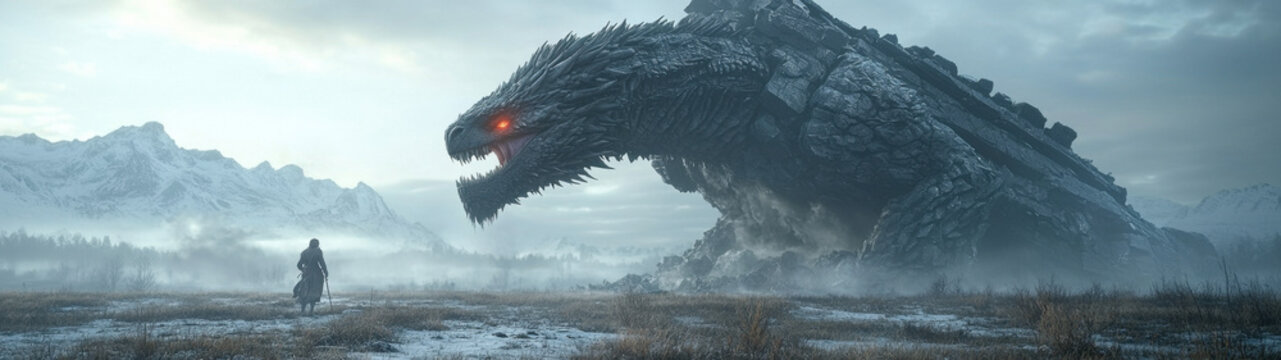 The massive creature looms ominously as the man faces it in the cold, desolate field