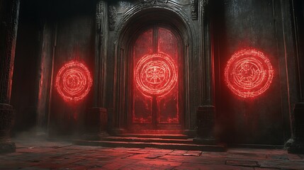 Gigantic metal doors engraved with mysterious symbols glowing in deep red