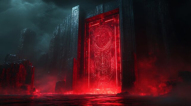Gigantic metal doors engraved with mysterious symbols glowing in deep red