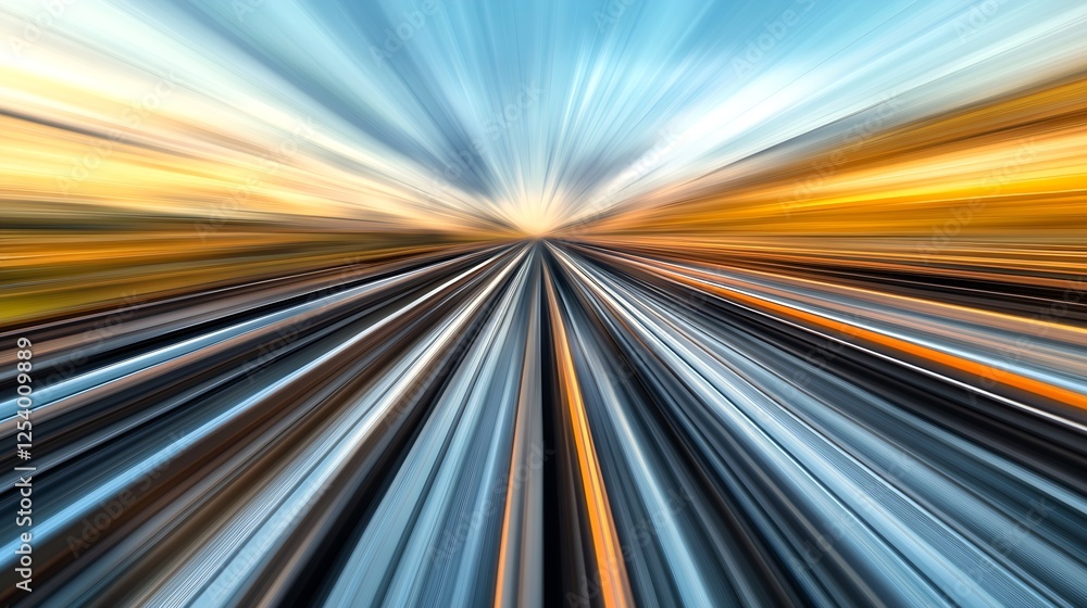 Poster Vibrant motion blur of railway tracks symbolizing speed and adventure during twilight hours : Generative AI