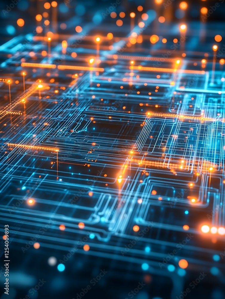 Poster Intricate Digital Circuit Board Close Up Displaying Vibrant Lights and Complex Interconnections in Futuristic Design : Generative AI