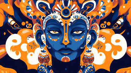 Colorful abstract illustration depicting a deity with a blue face, adorned with elaborate ornaments and intricate patterns, in a vibrant orange, blue, and white palette. Abstract Deities. Illustration